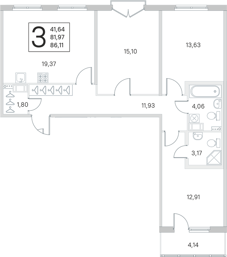 3-комнатная квартира 81.97 м², 3/4 эт., ЖК «Любоград в Стрельне»